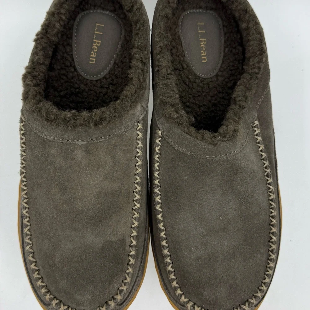 L.L. Bean Mountain Moccasin Scuff Winter Slippers Mens Size 8M Gray Leather NWOB